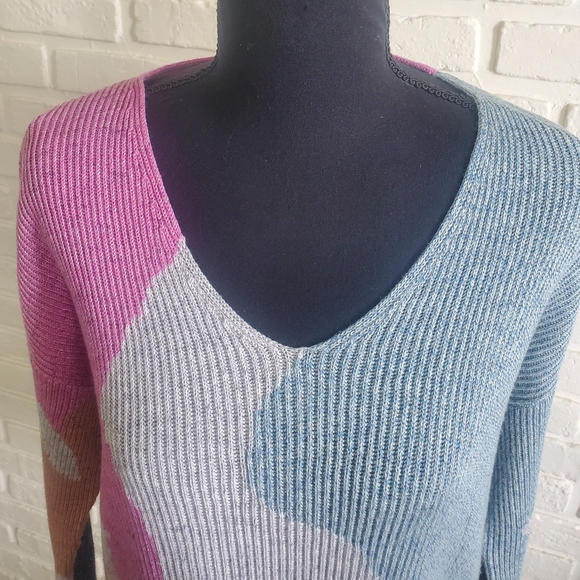 NIC+ZOE Multicolour V-Neck Pullover Knit Sweater Puzzle Time Grey Pink Medium - Picture 3 of 15